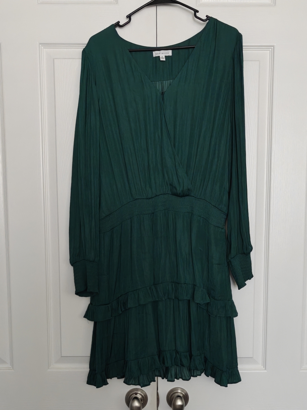 Socialite Deep Teal Long Sleeve Tiered V-Neck Dress, Size XL